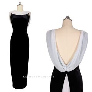 Vintage Prom Dress Maxi Gown M Black White Velvet Y2K 90S Glam Cowl Night Way